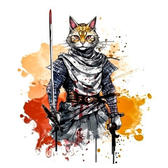Feline Warrior Watercolor Illustration of a Cat Samurai in Armor ai generation High quality