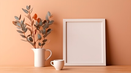 Empty wooden picture frame, poster mockup hanging on beige wall background. Vase with green eucalyptus tree branches on table , generated AI Generative AI