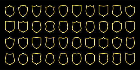Set of metal vintage shield frames. Shiny golden heraldic shields. Black protection and security symbol, label. Vector illustration