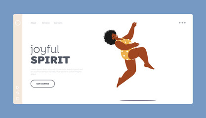 Joyful Spirit Landing Page Template. Energetic And Plump Woman Joyfully Jumps In A Swimsuit, Embracing Her Body