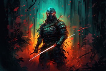 Fototapeta premium warrior in armor wielding two swords in a forest. Generative AI