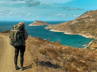 Girl is traveling in Turkey. View of lancient city of Knidos.
