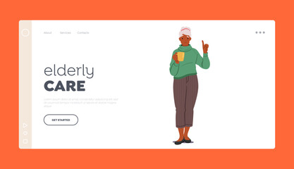 Elderly Care Landing Page Template. Experienced Senior Woman with Cup Confidently Pointing Up, Displaying Her Wisdom