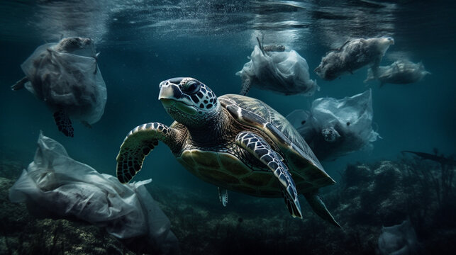 Illustration depicting the sad reality of plastic pollution killing the sea turtles made with Generative AI