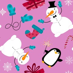 Christmas cartoon snowman seamless snowflakes and penguin and gifts box and candy and socks and gloves pattern