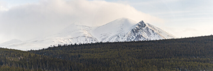 Panoramic winter landscape in Canada with snow capped mountains in panorama view during early spring with snow falling on mountain behind boreal forest wilderness. 