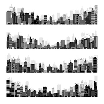 City silhouettes. Cityscape, town skyline, horizontal panorama. Midtown, downtown with various buildings, houses and skyscrapers. Vector illustration
