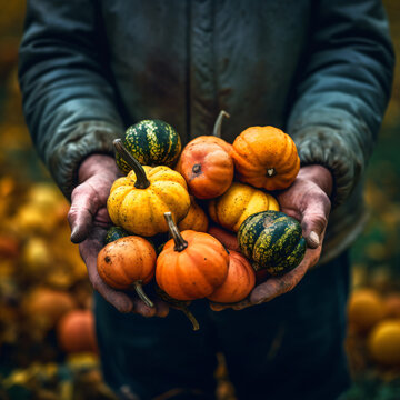 Man holding little pumpkins, generative AI