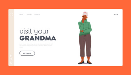 Visit your Grandma Landing Page Template. Contemplative Senior Woman With A Reflective Expression, Vector Illustration