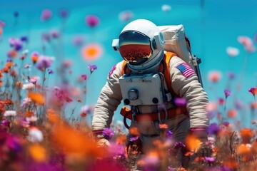 Obraz na płótnie Canvas Astronaut picking beautiful flowers on a mesmerizing alien planet. Generative AI
