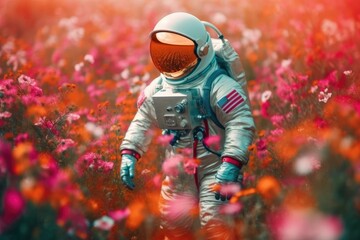 Astronaut picking beautiful flowers on a mesmerizing alien planet. Generative AI