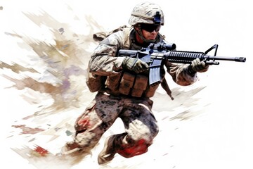 Naklejka premium USA military force soldier in camouflage uniform and helmet with a weapon with the national flag behind. Generative AI