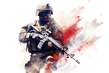 Naklejka premium USA military force soldier in camouflage uniform and helmet with a weapon with the national flag behind. Generative AI