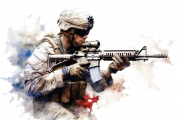 Fototapeta premium USA military force soldier in camouflage uniform and helmet with a weapon with the national flag behind. Generative AI