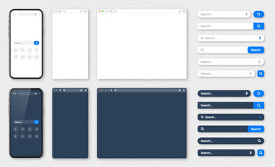 Smartphone, blank internet browser window with various search bars. Web site engine with search box, address bar and text field. UI design, website interface. Dark, light modes. Vector illustration