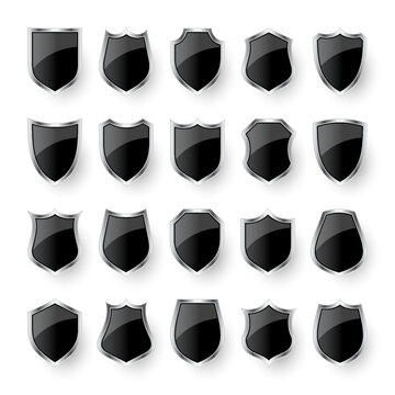 Set of various vintage 3d shield icons. Black heraldic shields. Protection and security symbol, label. Vector illustration