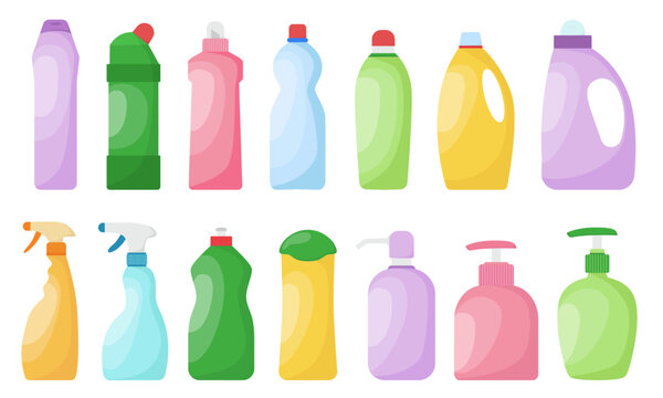 Vector set of detergent empty bottles icons. Detergent bottles mockup icons. Cleaner spray container template. Vector liquid chemical product for housework