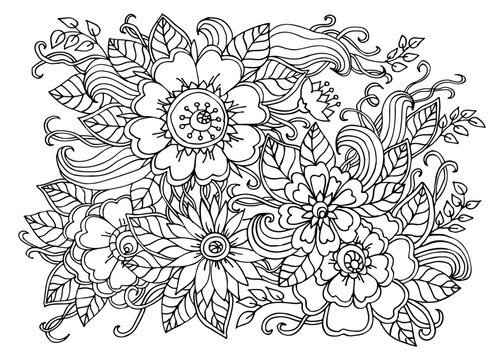 Coloring page with flowers and leaves. Coloring book. Sketch Vector illustration