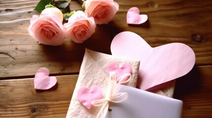 Love letter notebook and pink roses on a wooden table. concept of valentine's day or holiday greetings.Generative AI