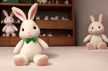 A toy of a white plush rabbit in the children's room. Generative AI.