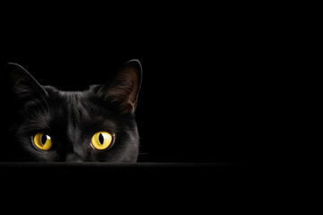 Black Cat with Yellow Eyes Above Black Banner on Black Background. AI generative.