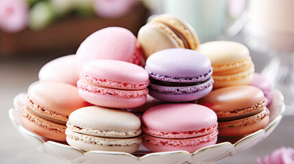 Obraz premium Colorful Pastel Macaroons on Retro White Plate Blur Background. AI generative.