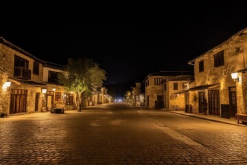 Fototapeta na wymiar charming cobblestone street illuminated at night. Generative AI