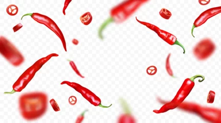 Fotobehang Falling realistic red chilli peppers isolated on transparent background. Flying defocusing hot peppers, whole and cut pieces. Ideal for advertising, package, banner design. Vector illustration. © alexandertrou