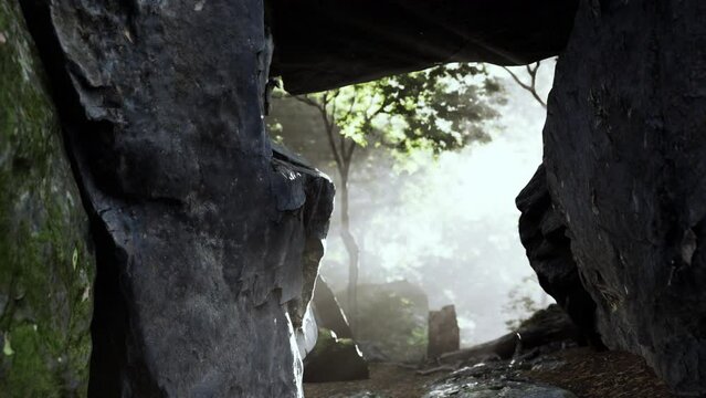 Shaft of light beaming down into large cave