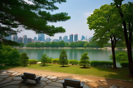two park benches with a view of a city skyline across a serene lake. Generative AI