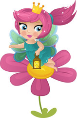 Cartoon colorful happy fairy princess flying near the flower isolated illustration for children