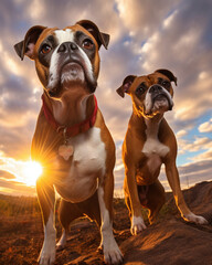 2 Boxer dogs staring at you. Dynamic angle.