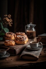 Obraz na płótnie Canvas Coffee with cinnamon buns, homemade pastry in warm hygge style. AI generative