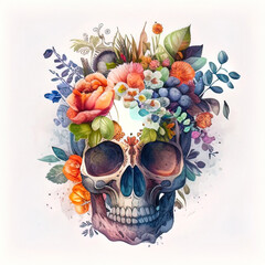 Watercolor Floral skull for Halloween and day of the dead design