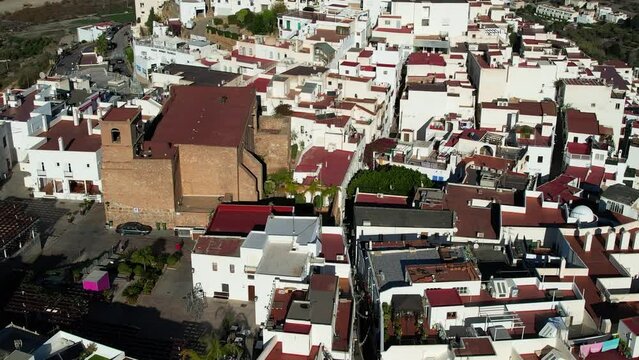 Aerial view above the beautiful Spanish village of Moj&aacute;car in Andalusia in southern Spain	