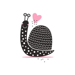 Cute patterned snail. A little cheerful animal in a cartoon style. Design of children's cards, clothes, flyers, posters, games. Vector illustration on white isolated background.