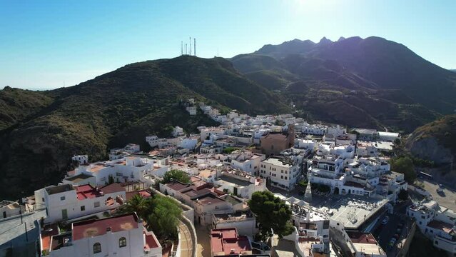 Aerial view above the beautiful Spanish village of Moj&aacute;car in Andalusia in southern Spain	