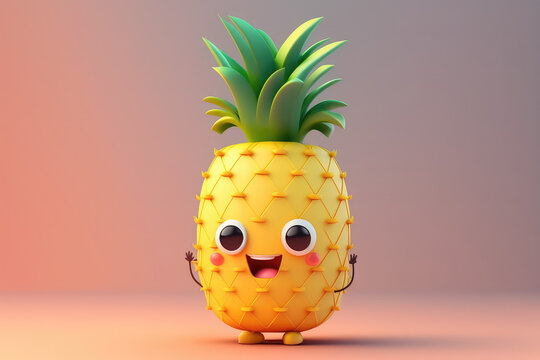 Cute pineapple 3d cartoon character. Ripe fruit with big eyes and leaves. Funny pineapple mascot. Generative AI 3d render illustration imitation.