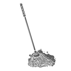 Floor mop glyph icon vector illustration. Stamp of broom with handle, mop with detergent foam to wash dirty surface in toilet, bathroom or living room, equipment of wiper and cleaning service employee - obrazy, fototapety, plakaty