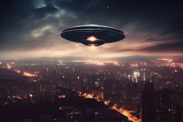 UFO, alien spaceship with a blue beam of light flies over the city. realistic illustration. Generative AI