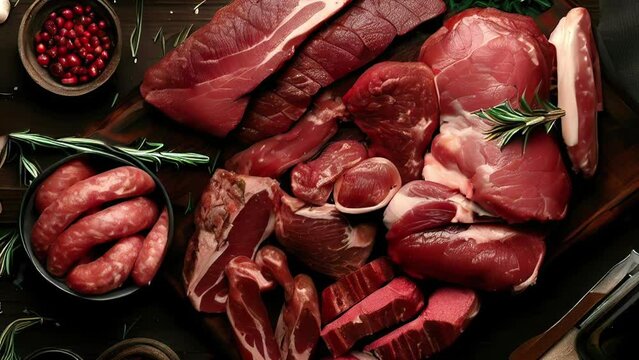 Various raw meat top view dolly shot