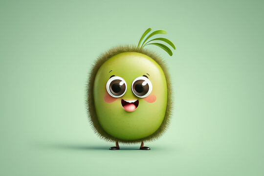 Cute alive kiwi 3d cartoon character. Ripe fruit with big eyes. Funny kiwi mascot. Generative AI 3d render illustration imitation.