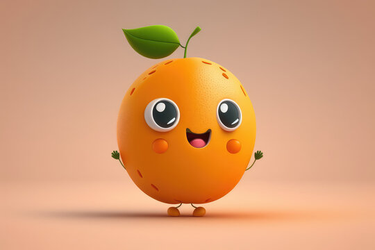 Cute alive mandarin 3d cartoon character. Ripe orange citrus fruit with leaves. Funny orange mascot. Generative AI 3d render illustration imitation.
