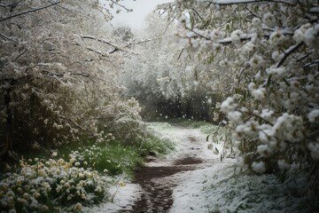 Sudden and unexpected cold snap in early spring, cold climate, spoiled weather, snow wind, early cold, morning frost, empty cities and streets, snow-covered landscapes, gloomy desolation