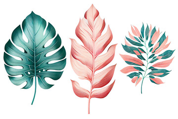 Green and pink tropical leaves in pastel colors. Generative AI.
