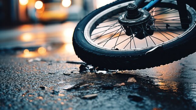 Close-up of a bicycle accident on the city street.broken bike on the roadway.bicycle wheel after an accident on the road. life insurance and protection concept.Generative AI