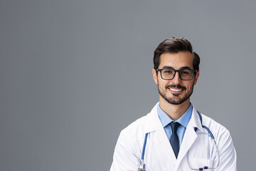 Male doctor in a white coat and glasses for vision and a stethoscope looks at the camera smile with teeth dentist on a gray isolated background, copy space, space for text, health