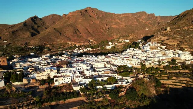 Aerial sunrise view above the beautiful village of N&iacute;jar in Andalusia southern Spain