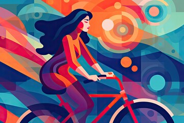 Lady rides a bicycle Riding woman graphic art illustration. Digital artwork. 