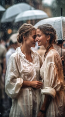Fototapeta premium two beautiful female girlfriends in white dresses are happy in the rain. Generative AI